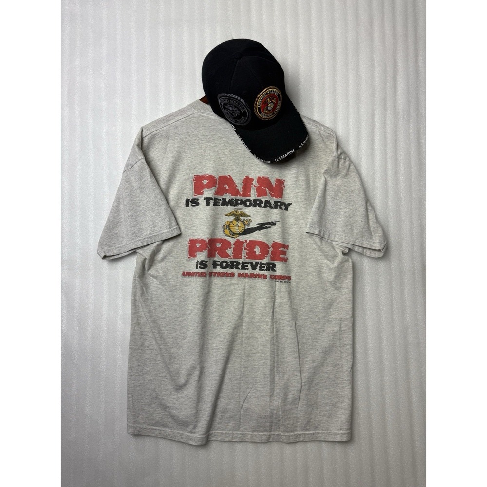 VTG. 1997 U.S. Marines "Pain is Temporary Pride is Forever" T-Shirt + Hat Sz. XL